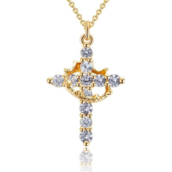 Faith Crown Cross Pendant Necklace 14K Gold Silver Plated Birthstone Gift - Picture 8 of 9